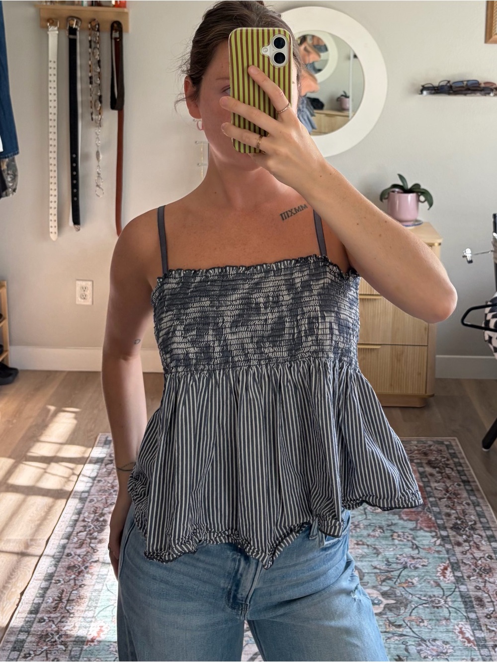 Haute Fox Striped Smocked Babydoll Ruffle Top